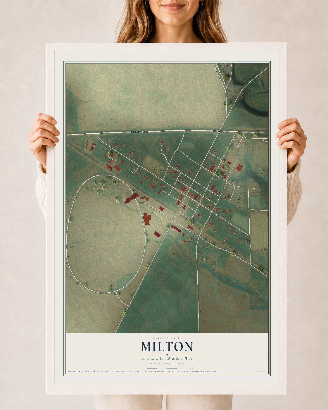 Map of Milton, North Dakota, 24 x 36 inch print in a white wood frame
