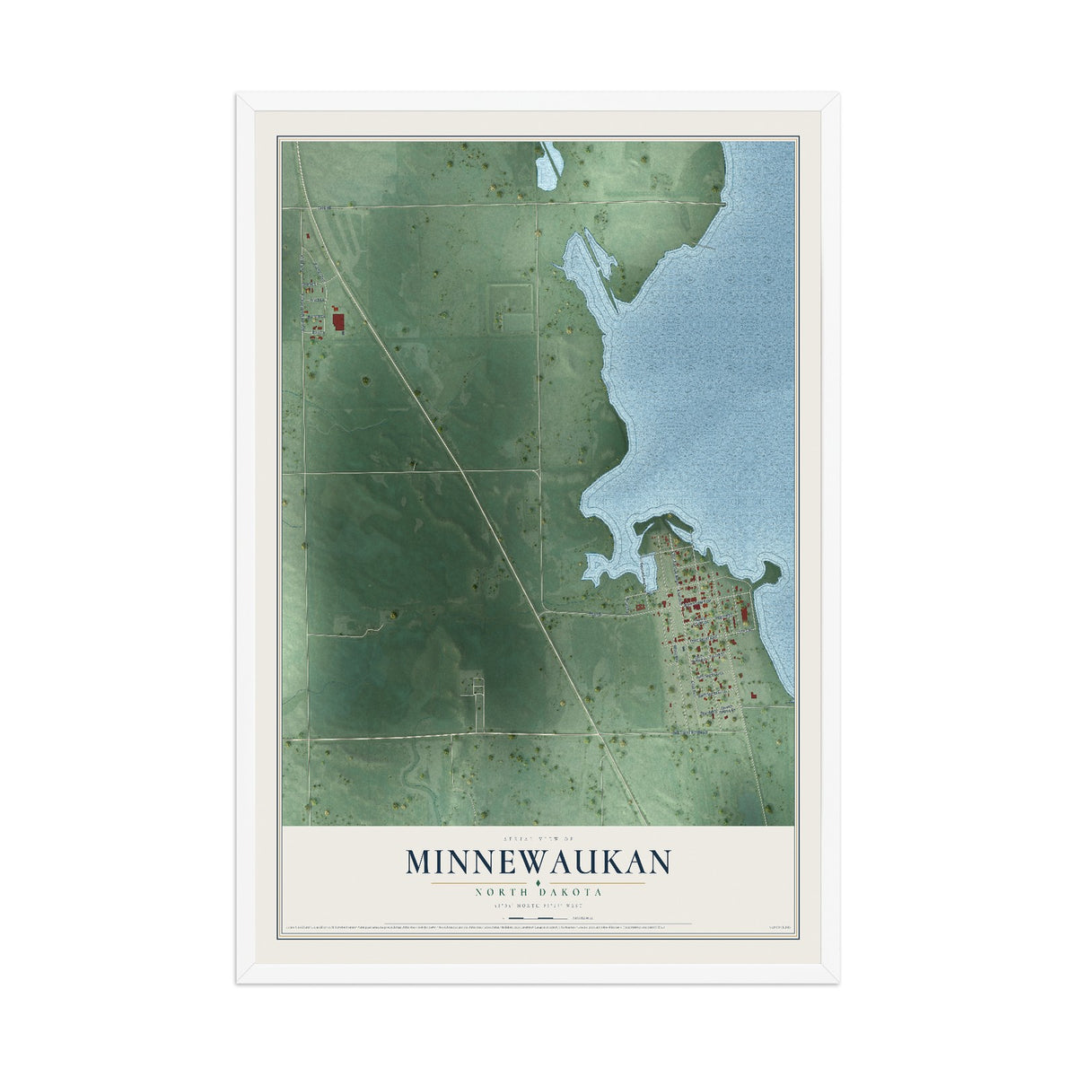 Map of Minnewaukan, North Dakota, 12 x 18 inch print in a white wood frame