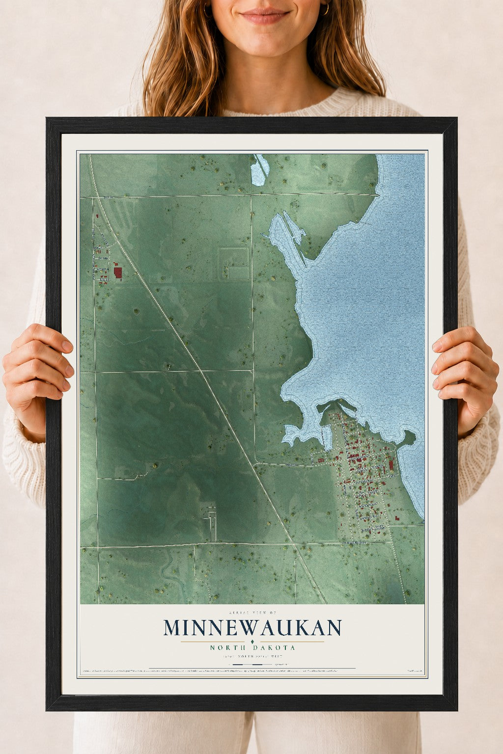 Map of Minnewaukan, North Dakota, 18 x 24 inch print in a black wood frame