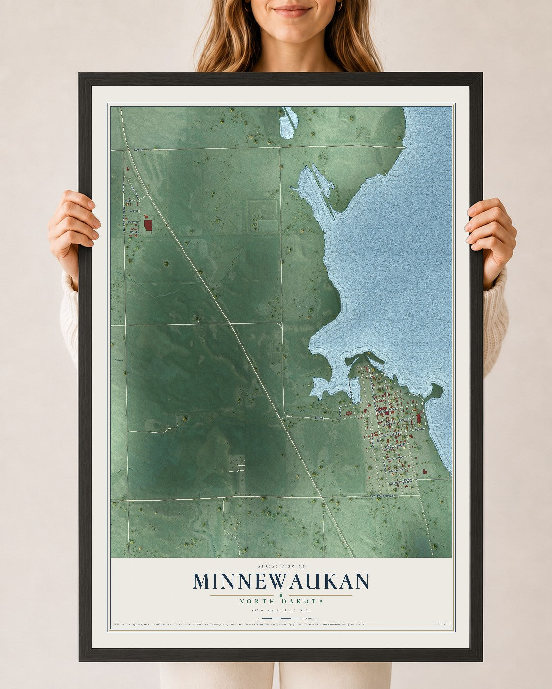 Map of Minnewaukan, North Dakota, 24 x 36 inch print in a black wood frame