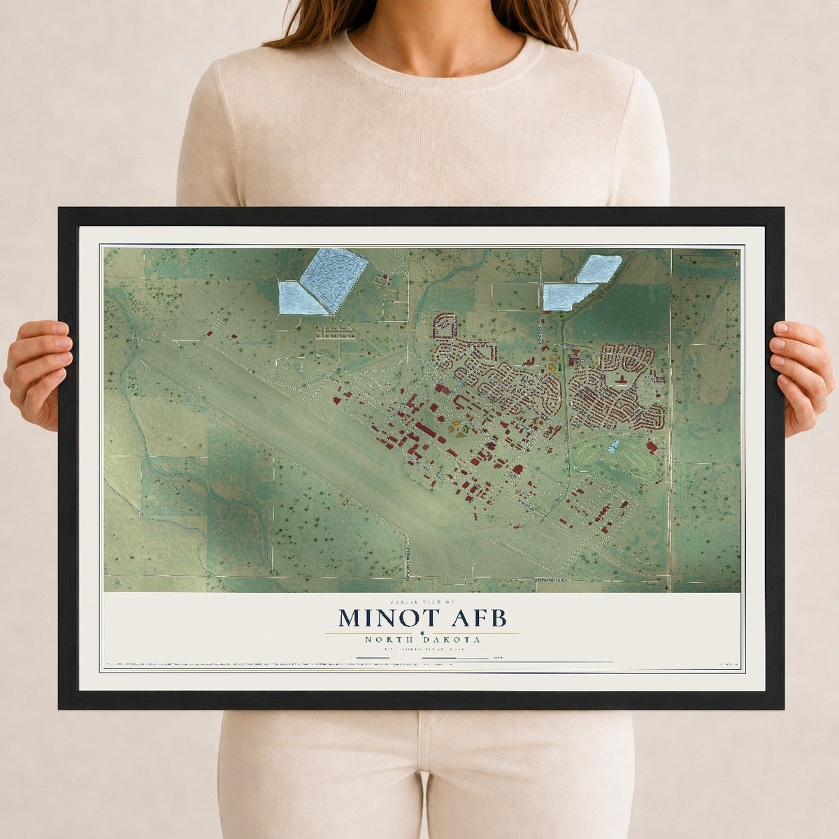 Map of Minot AFB, North Dakota, 12 x 18 inch print in a black wood frame