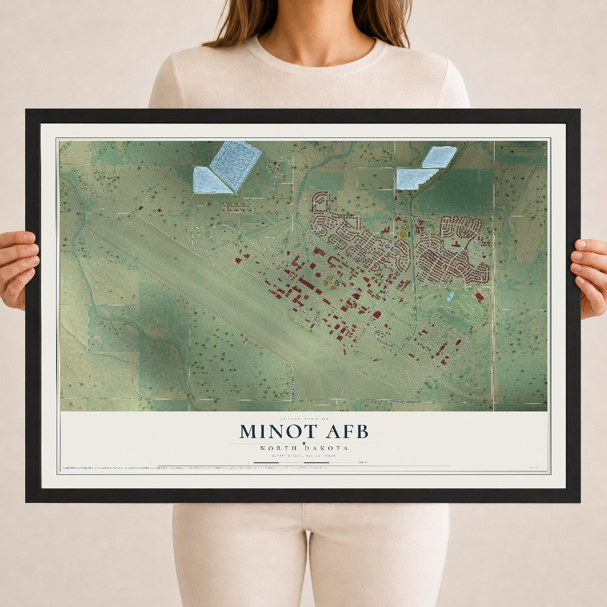 Map of Minot AFB, North Dakota, 18 x 24 inch print in a black wood frame