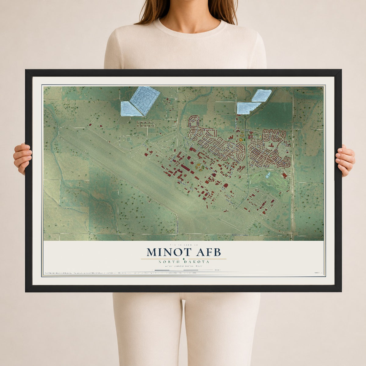 Map of Minot AFB, North Dakota, 24 x 36 inch print in a black wood frame