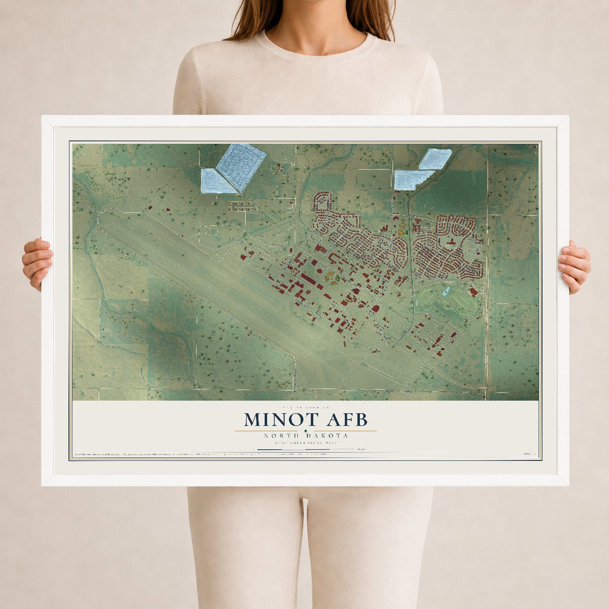 Map of Minot AFB, North Dakota, 24 x 36 inch print in a white wood frame