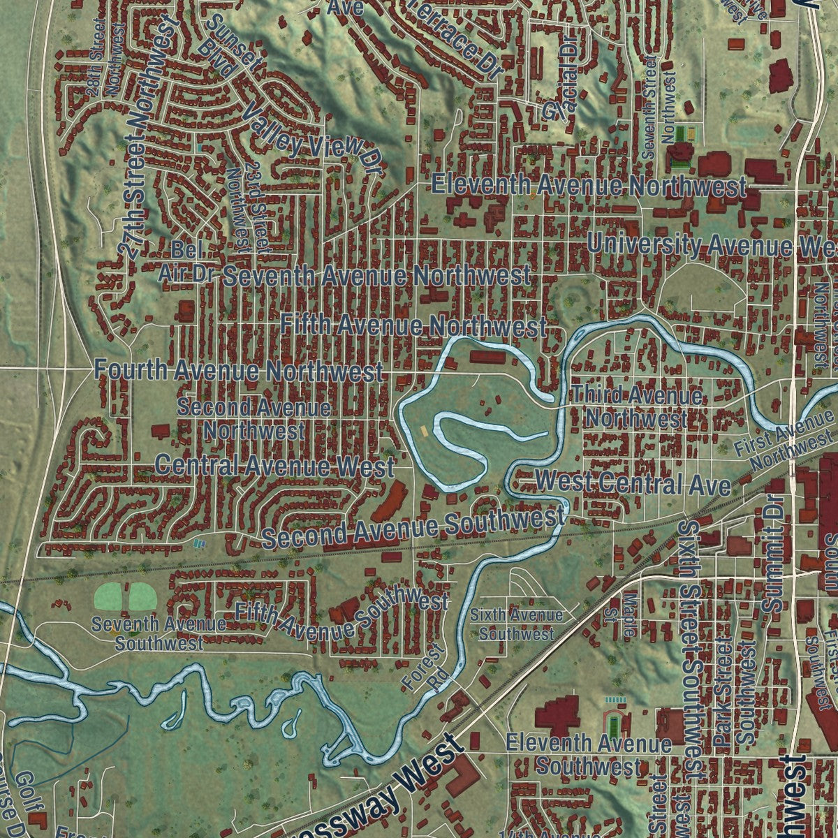 Close-up of the map of Minot, North Dakota print showing street and building detail