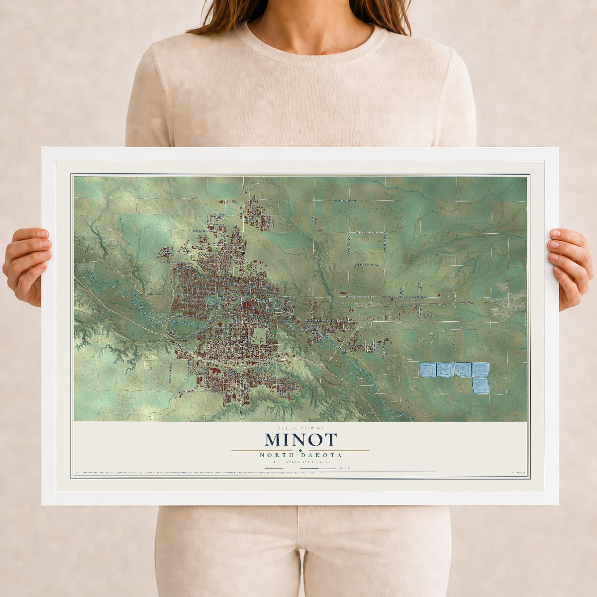 Map of Minot, North Dakota, 12 x 18 inch print in a white wood frame