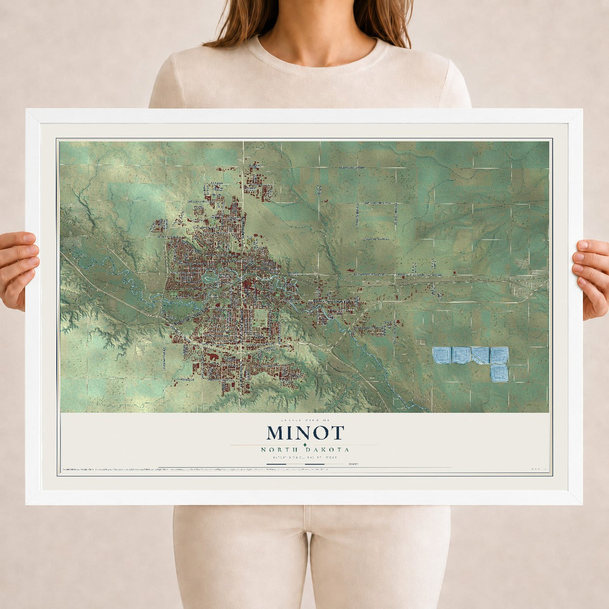 Map of Minot, North Dakota, 18 x 24 inch print in a white wood frame