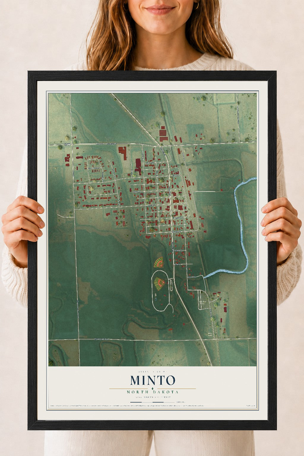 Map of Minto, North Dakota, 18 x 24 inch print in a black wood frame