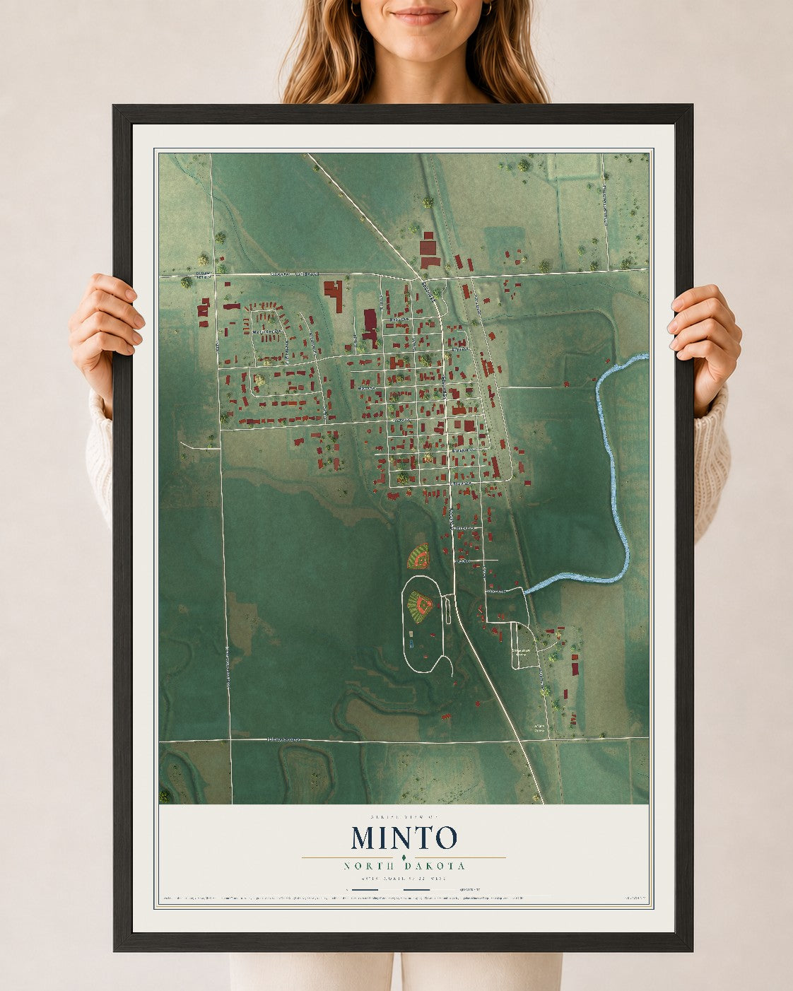 Map of Minto, North Dakota, 24 x 36 inch print in a black wood frame