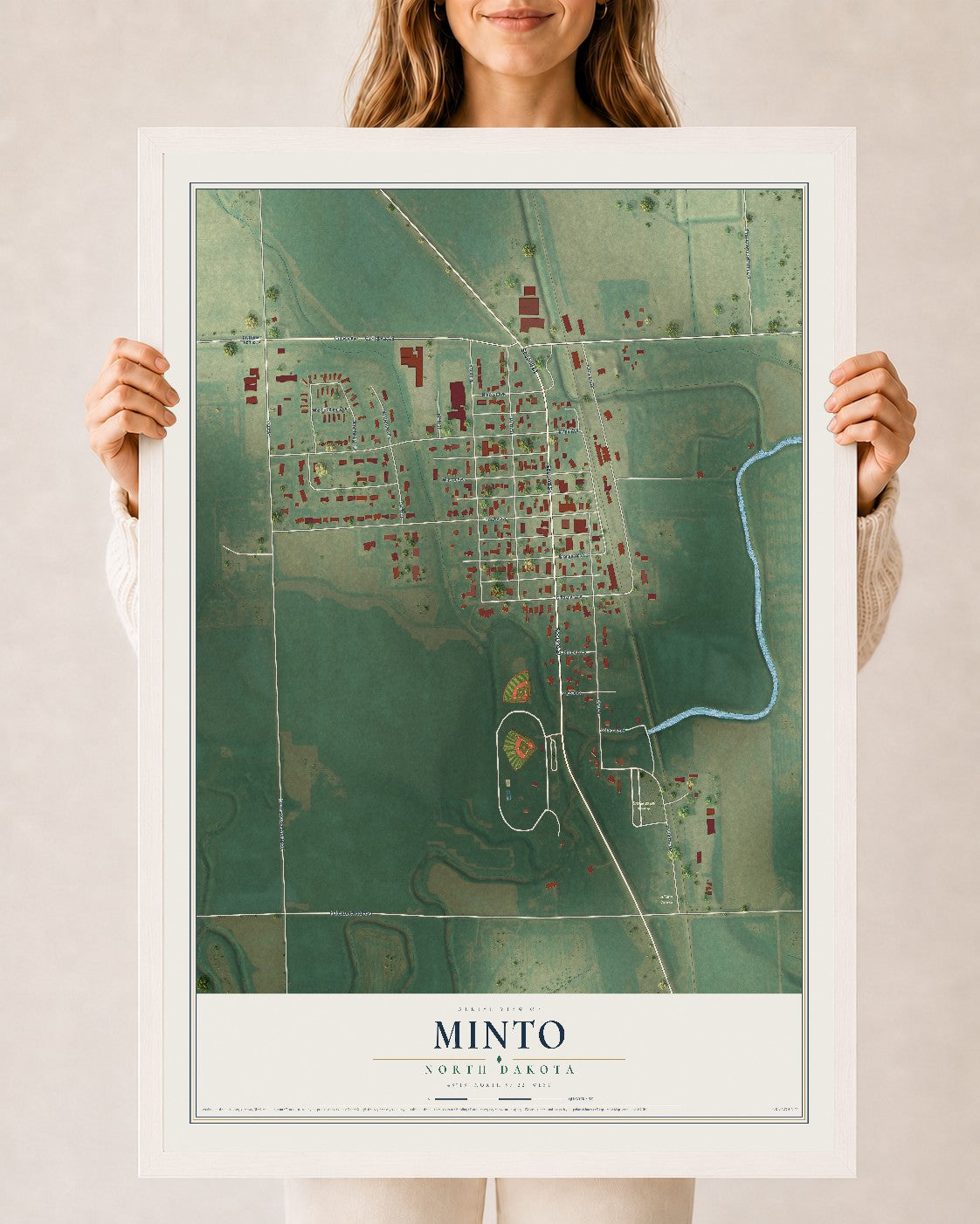 Map of Minto, North Dakota, 24 x 36 inch print in a white wood frame