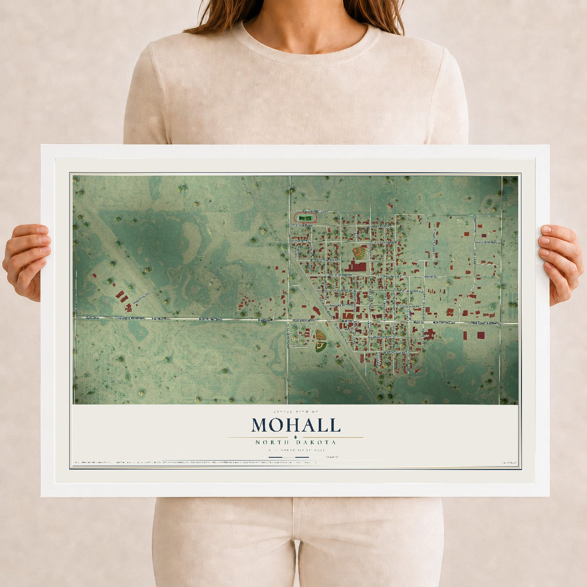 Map of Mohall, North Dakota, 12 x 18 inch print in a white wood frame