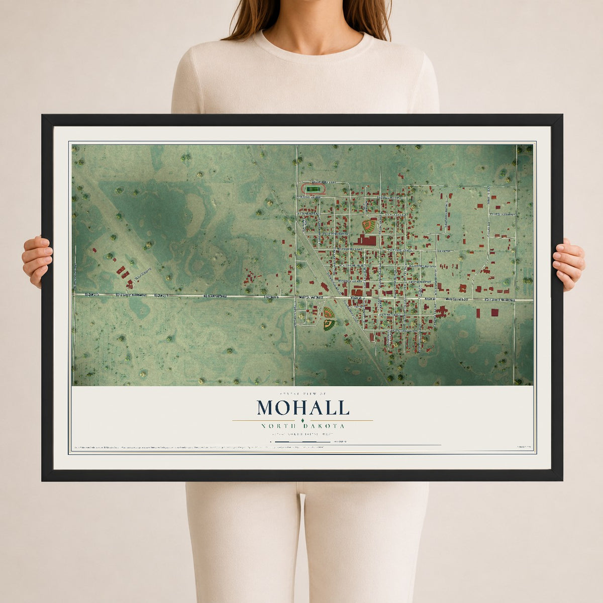Map of Mohall, North Dakota, 24 x 36 inch print in a black wood frame