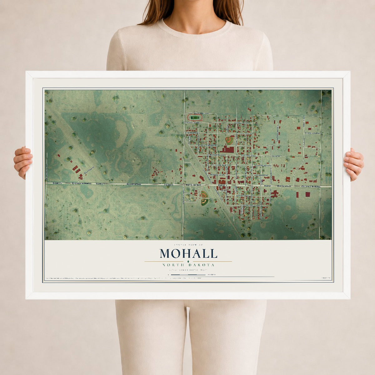 Map of Mohall, North Dakota, 24 x 36 inch print in a white wood frame