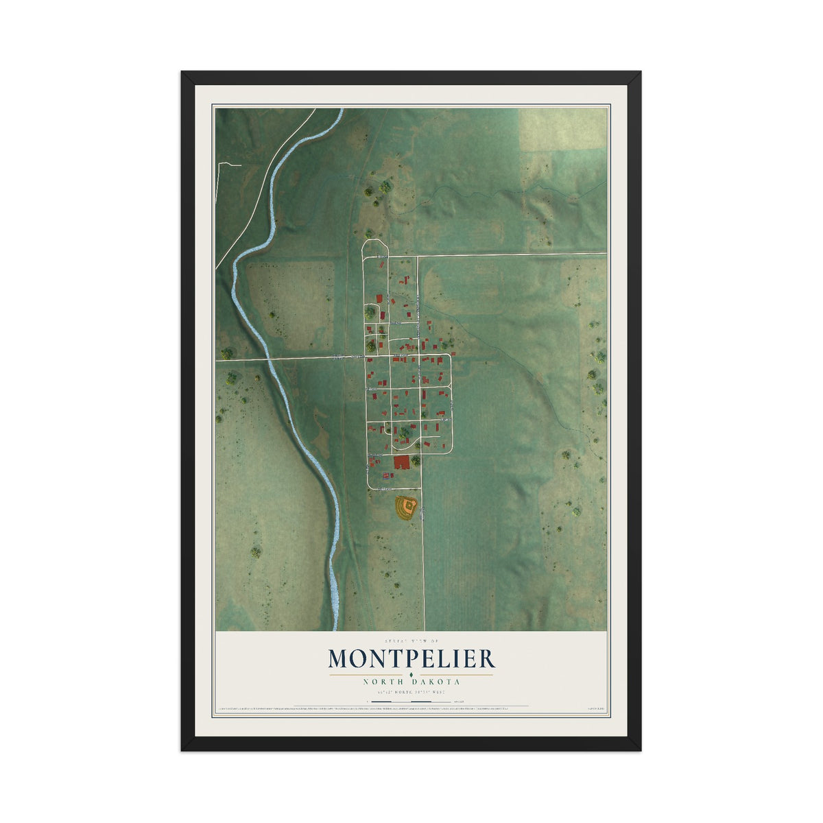 Map of Montpelier, North Dakota, 12 x 18 inch print in a black wood frame