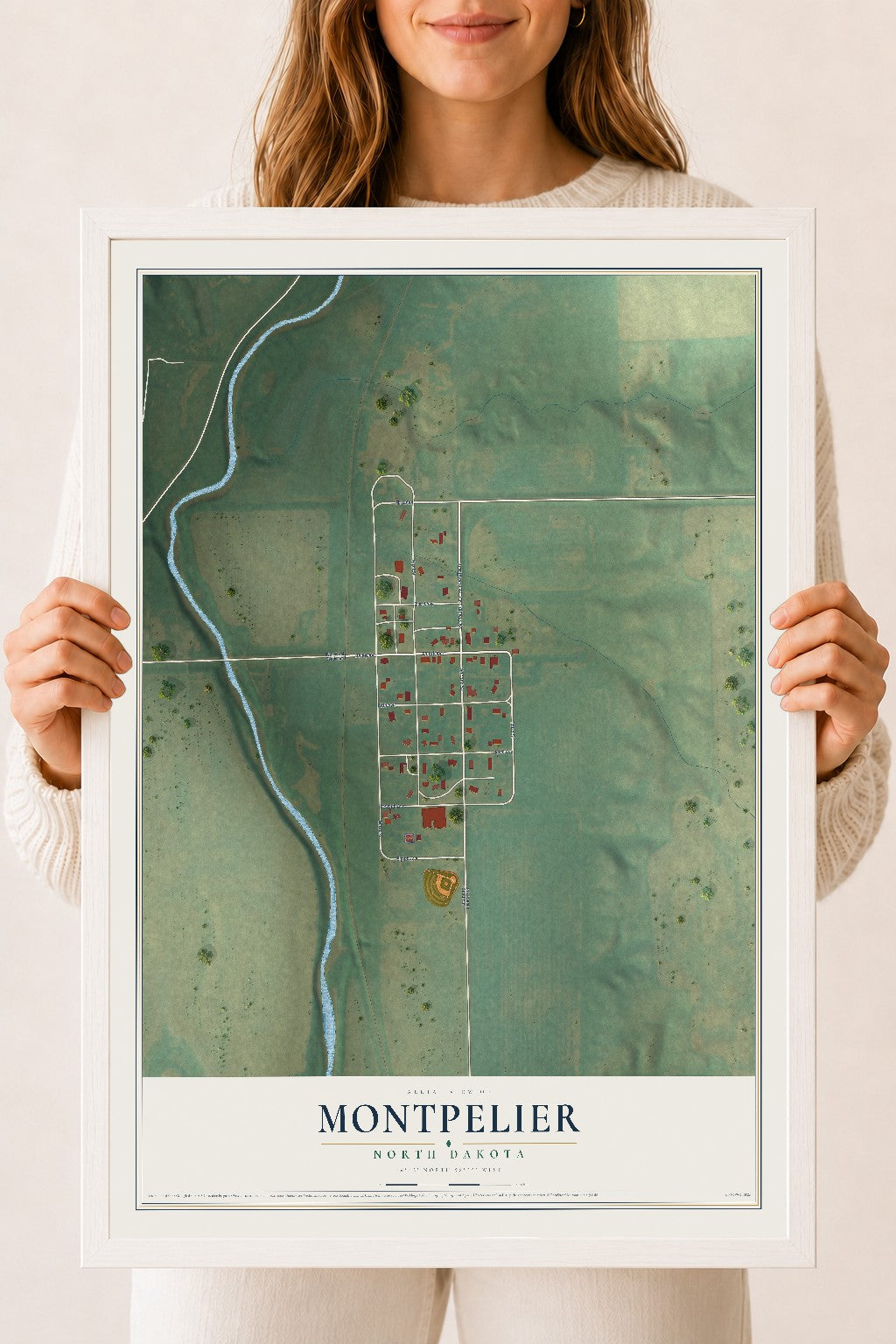 Map of Montpelier, North Dakota, 18 x 24 inch print in a white wood frame