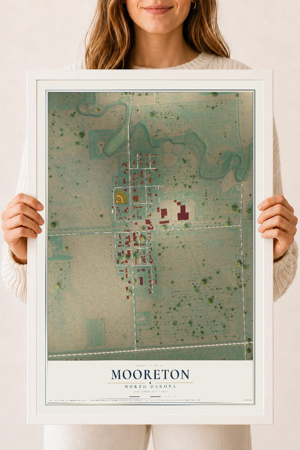 Map of Mooreton, North Dakota, 18 x 24 inch print in a white wood frame