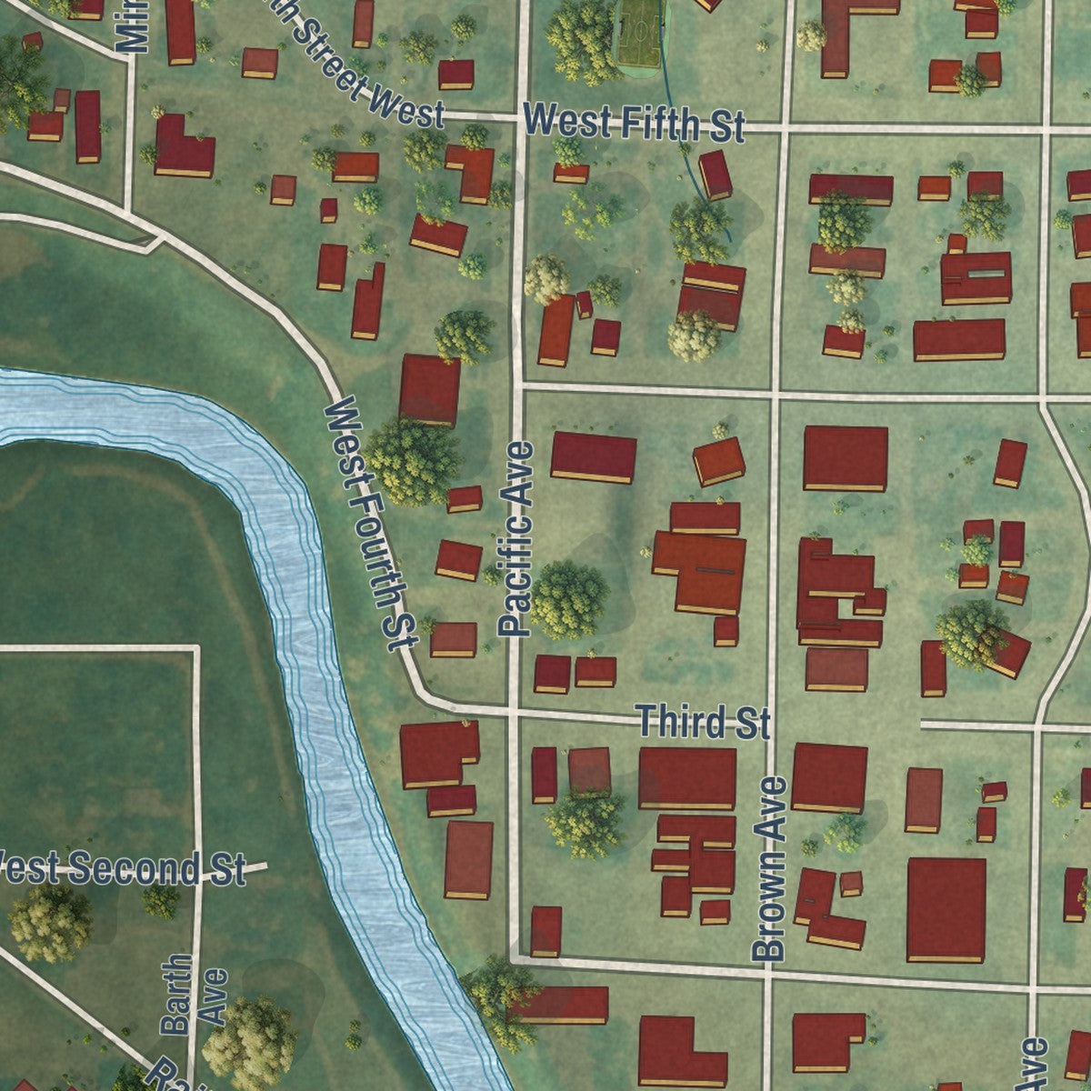Second close-up of the map of Mott, North Dakota print showing more streets and buildings