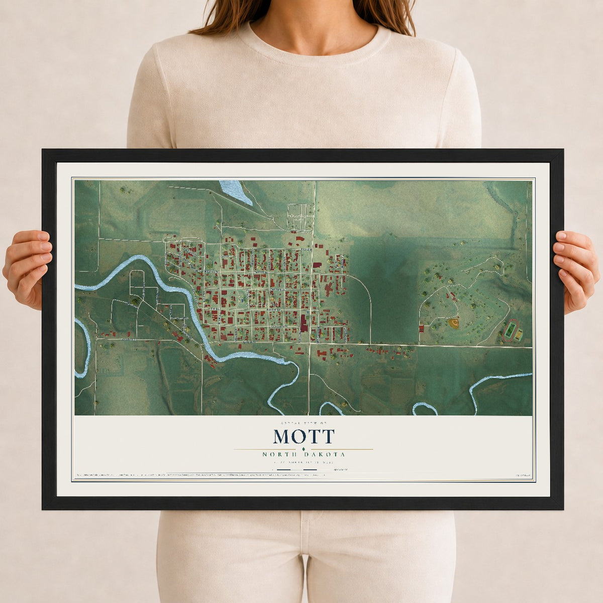 Map of Mott, North Dakota, 12 x 18 inch print in a black wood frame