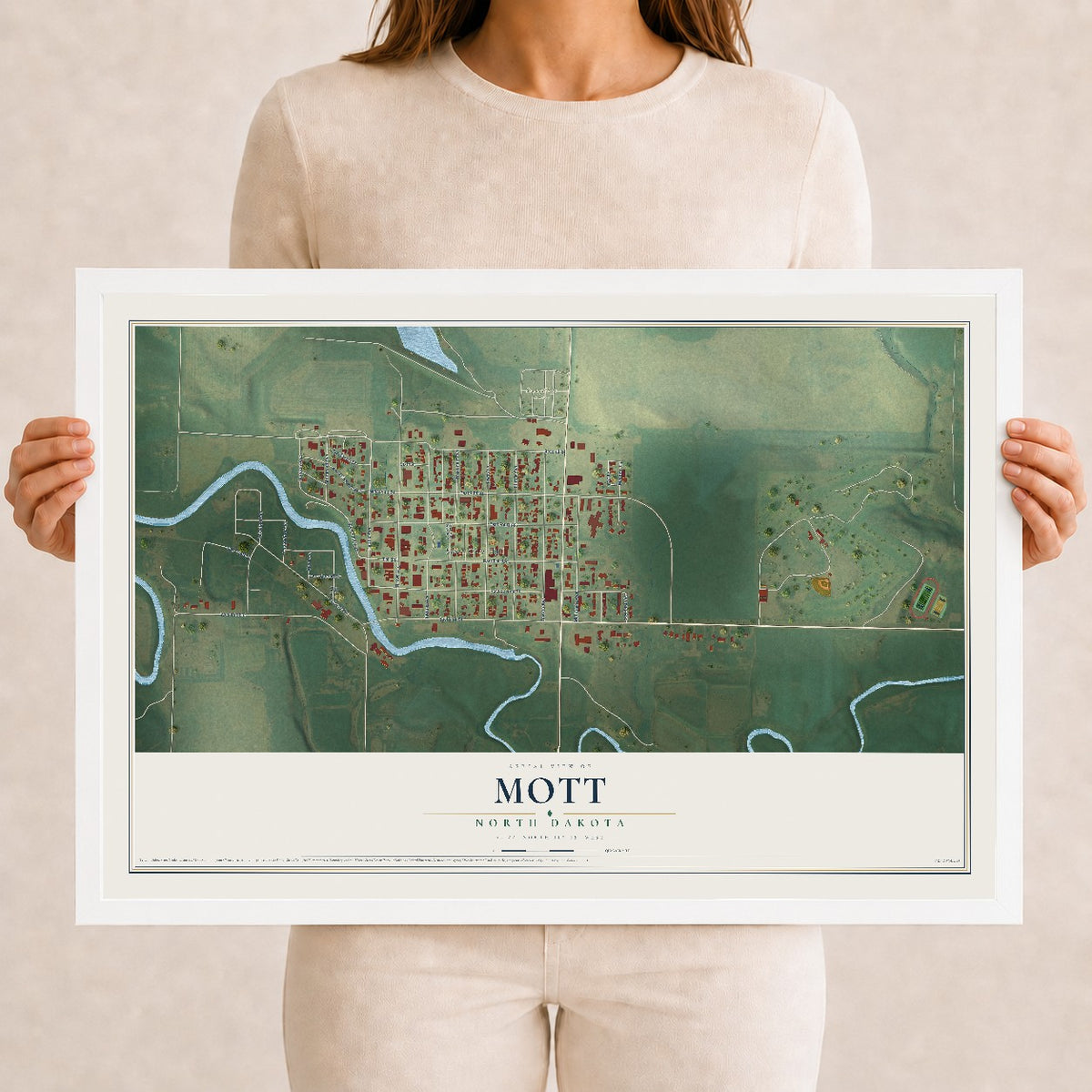 Map of Mott, North Dakota, 12 x 18 inch print in a white wood frame