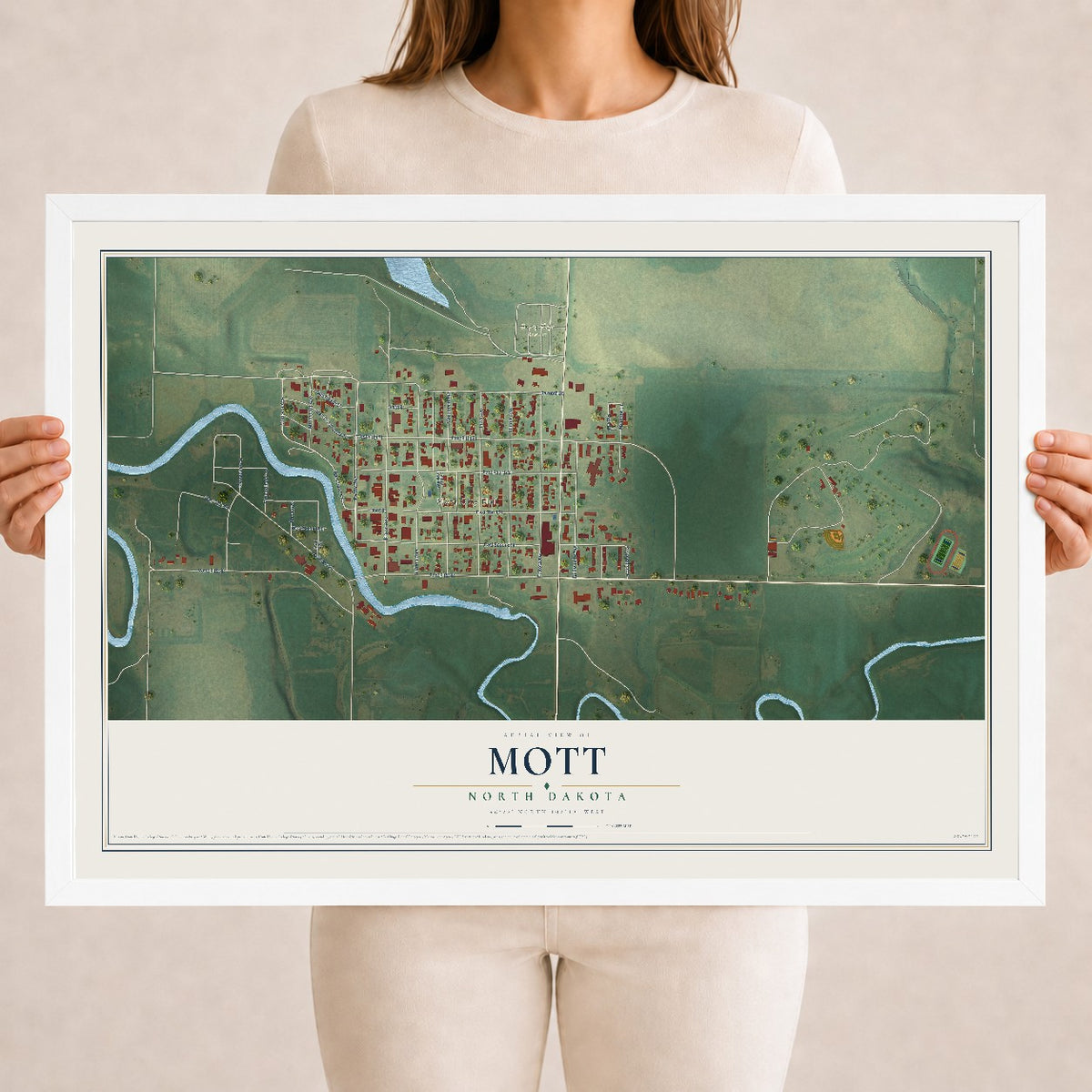 Map of Mott, North Dakota, 18 x 24 inch print in a white wood frame
