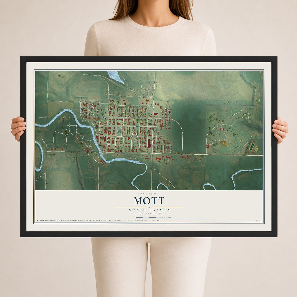 Map of Mott, North Dakota, 24 x 36 inch print in a black wood frame