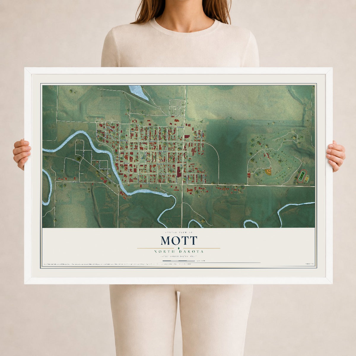 Map of Mott, North Dakota, 24 x 36 inch print in a white wood frame
