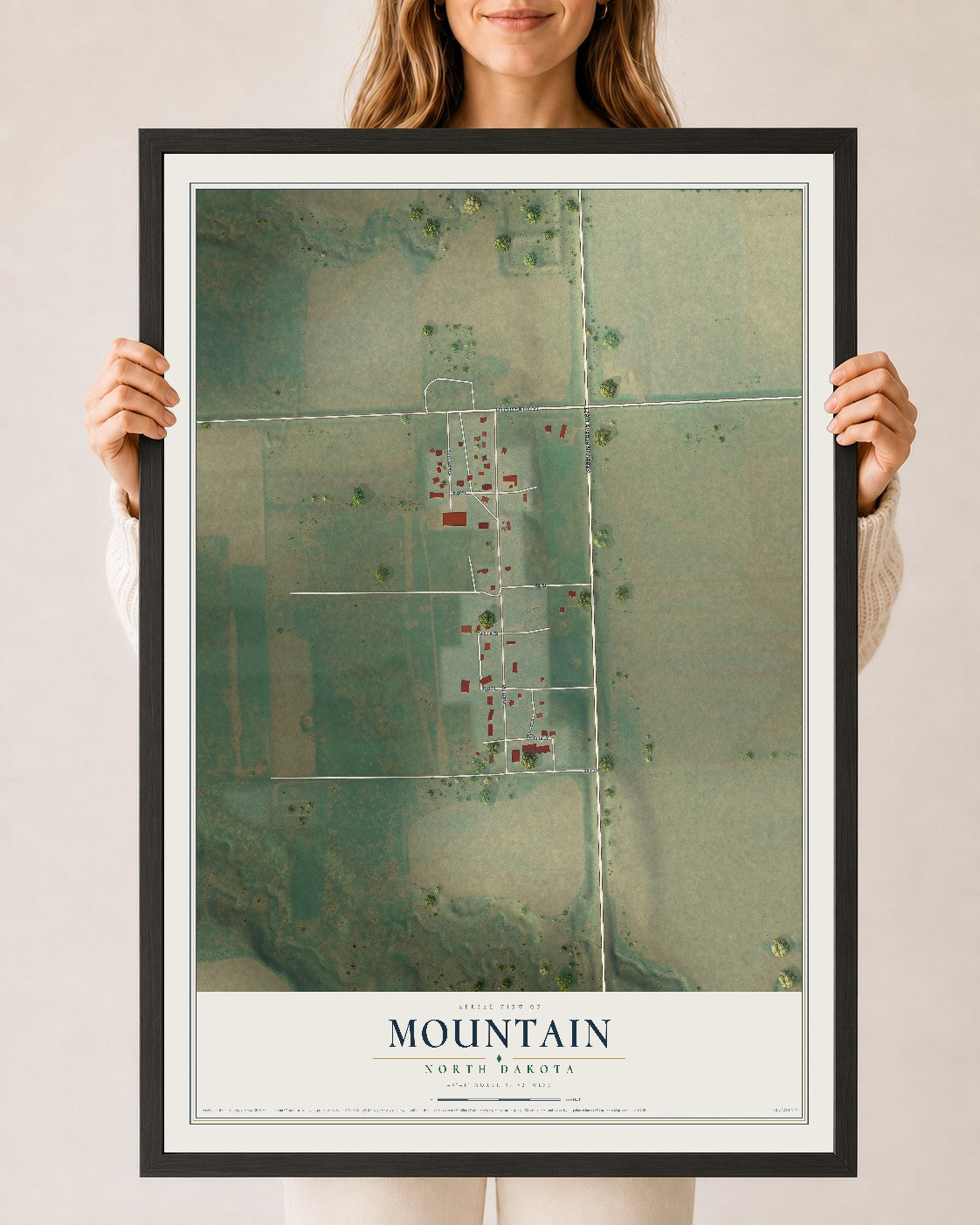 Map of Mountain, North Dakota, 24 x 36 inch print in a black wood frame