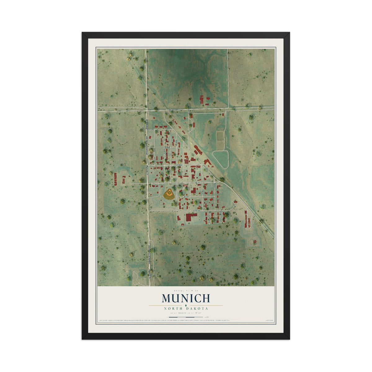 Map of Munich, North Dakota, 12 x 18 inch print in a black wood frame