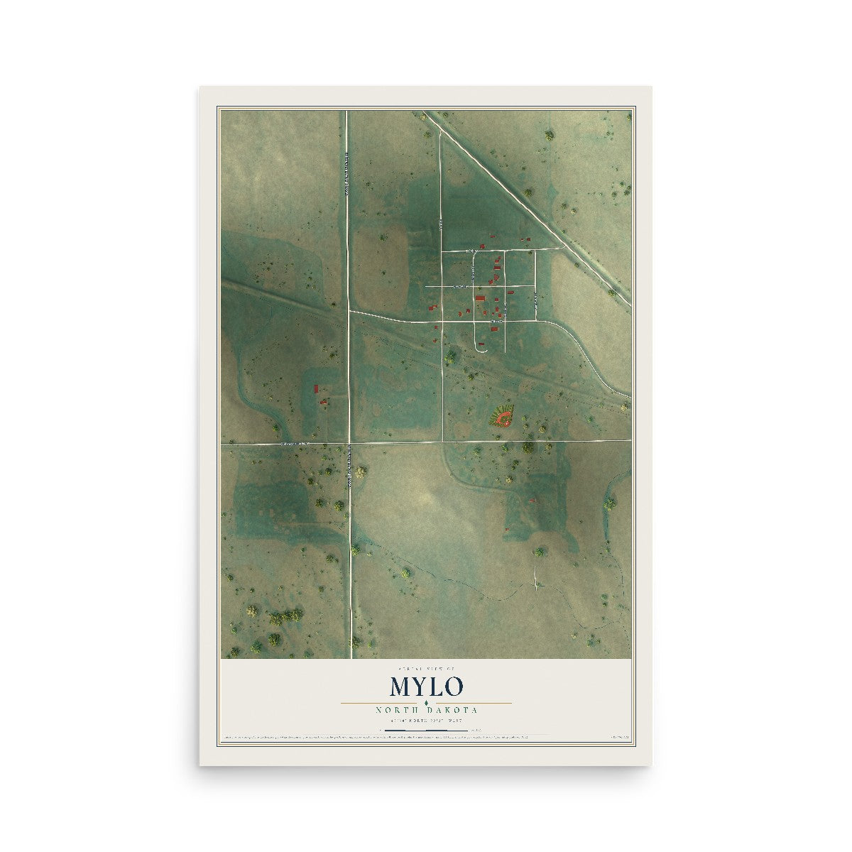 Map of Mylo, North Dakota, 12 x 18 inch unframed archival matte print