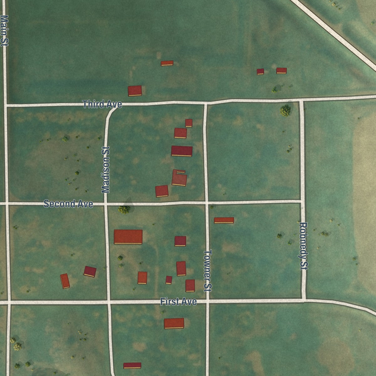 Close-up of the map of Mylo, North Dakota print showing street and building detail