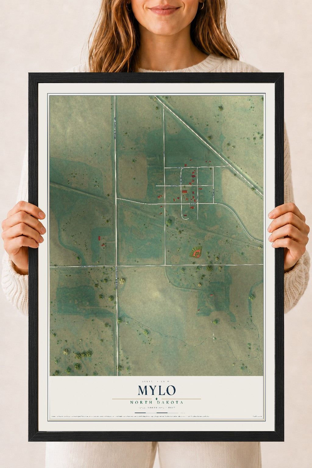 Map of Mylo, North Dakota, 18 x 24 inch print in a black wood frame