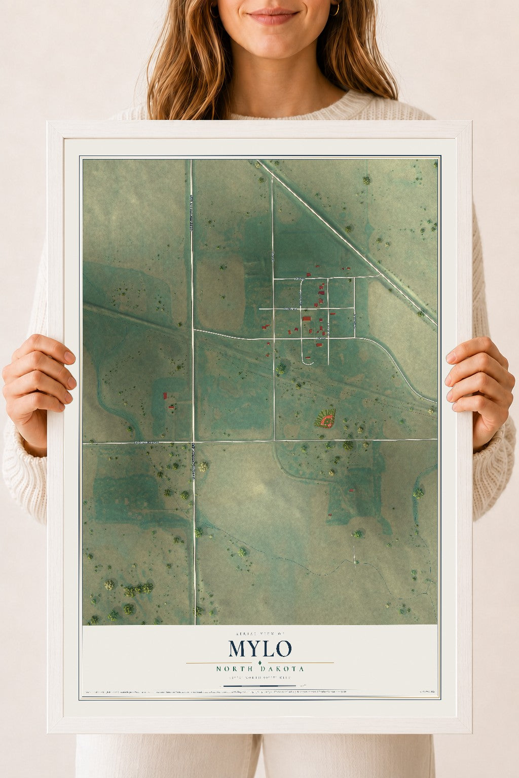 Map of Mylo, North Dakota, 18 x 24 inch print in a white wood frame
