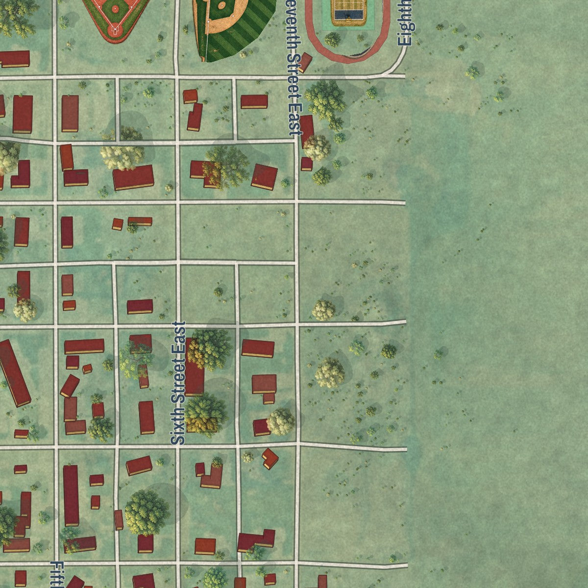 Second close-up of the map of Napoleon, North Dakota print showing more streets and buildings