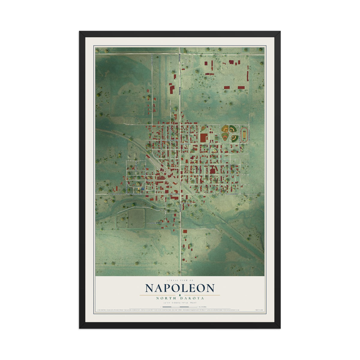 Map of Napoleon, North Dakota, 12 x 18 inch print in a black wood frame