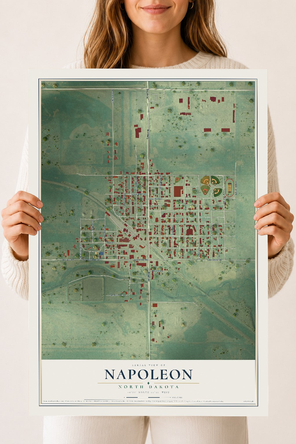 Map of Napoleon, North Dakota, 18 x 24 inch unframed archival matte print