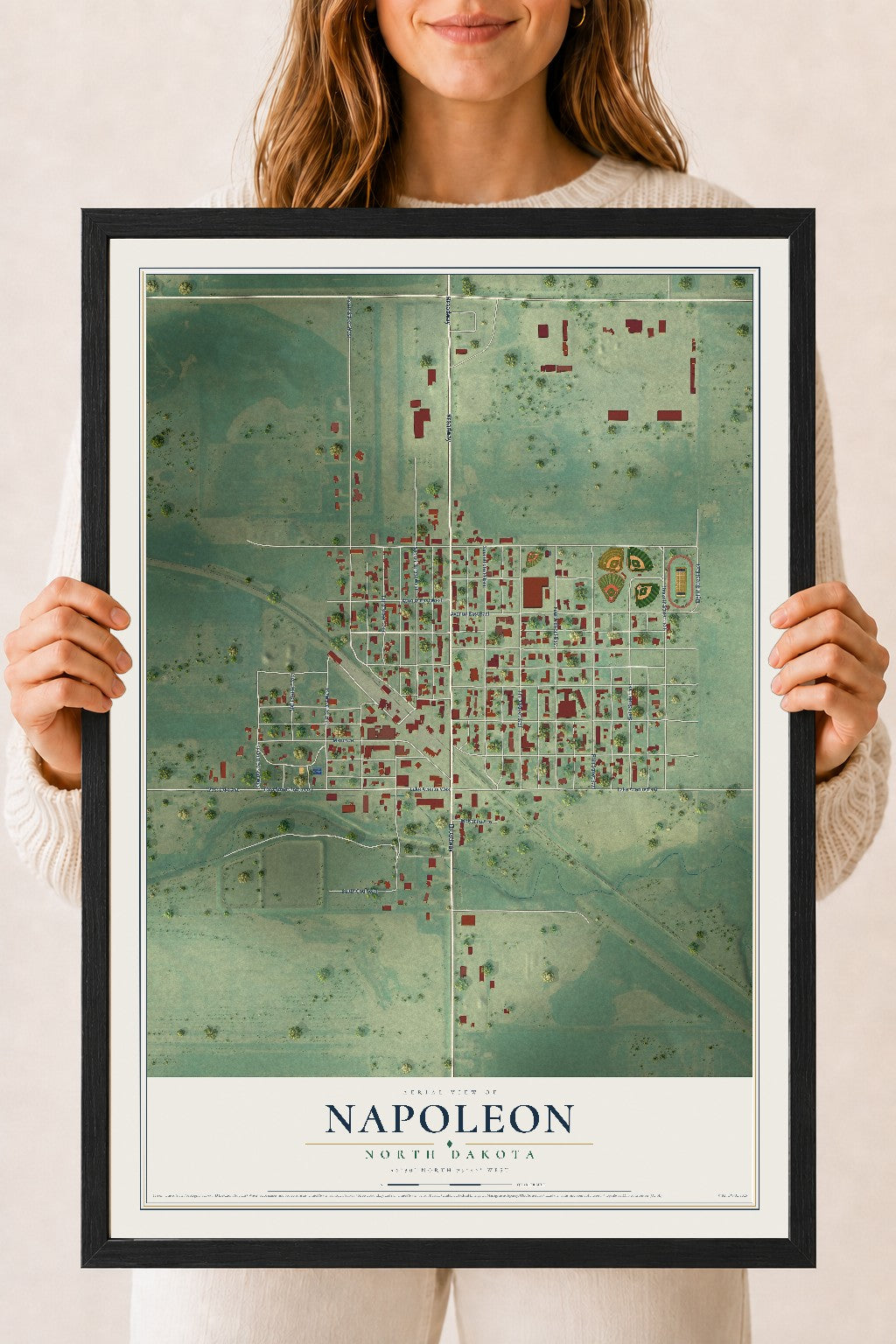 Map of Napoleon, North Dakota, 18 x 24 inch print in a black wood frame
