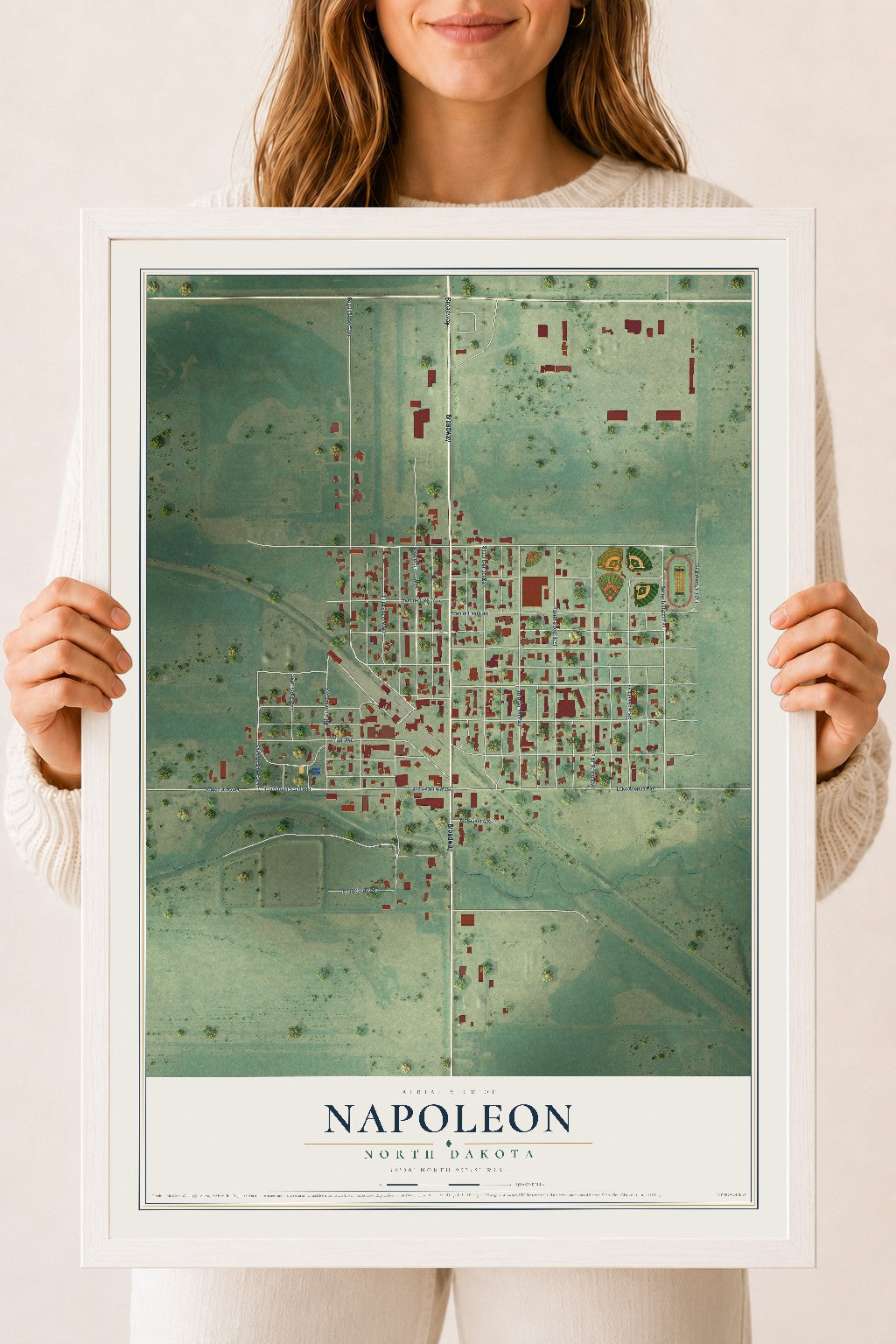 Map of Napoleon, North Dakota, 18 x 24 inch print in a white wood frame