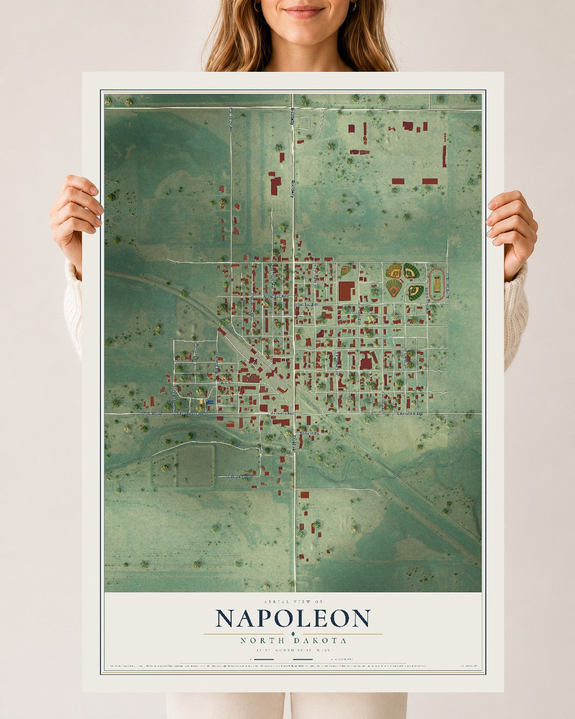 Map of Napoleon, North Dakota, 24 x 36 inch unframed archival matte print