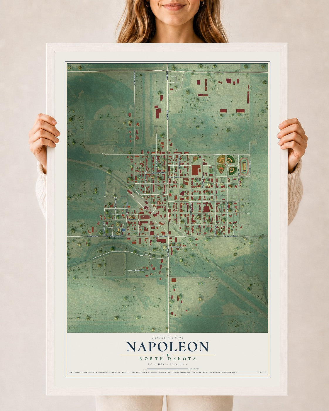Map of Napoleon, North Dakota, 24 x 36 inch print in a white wood frame