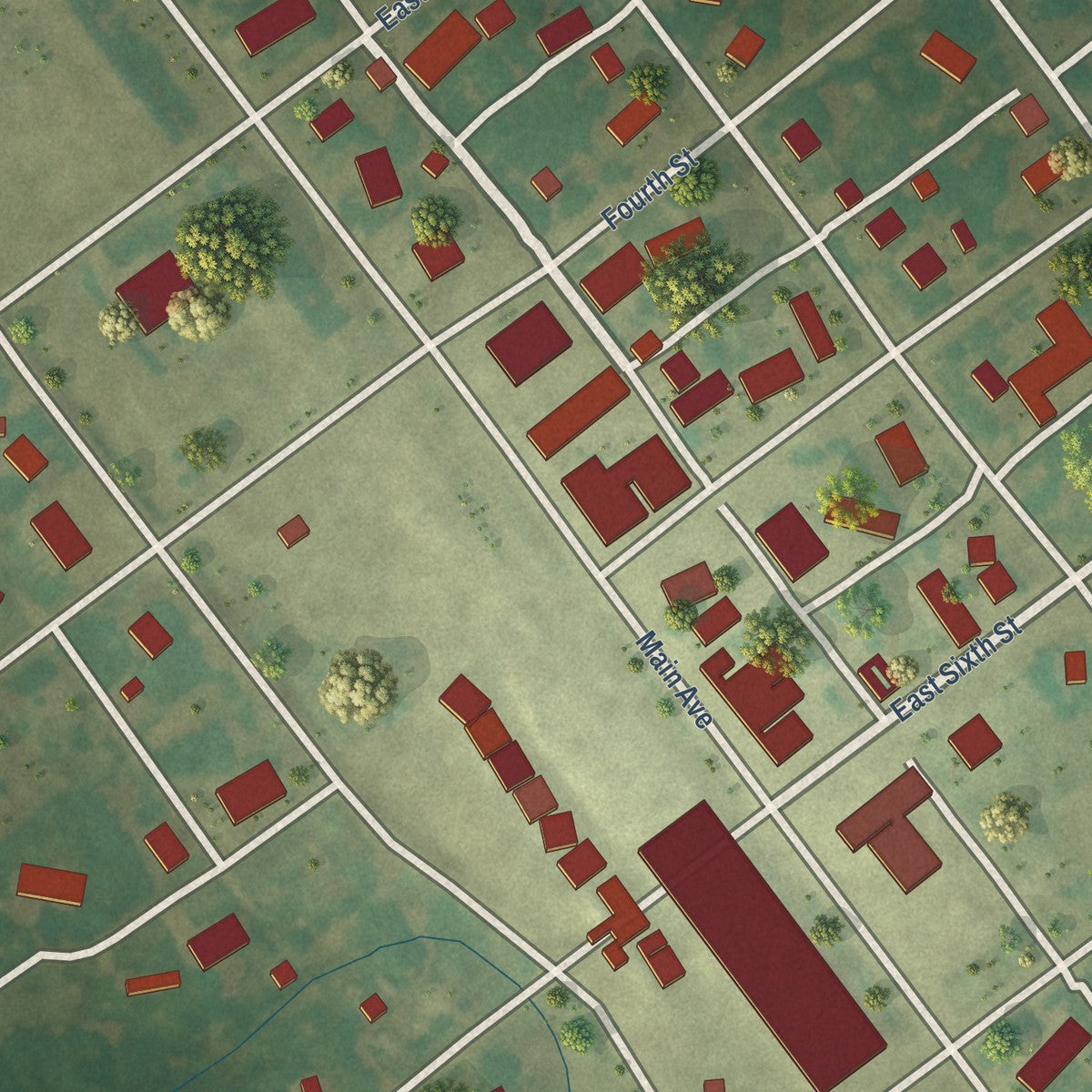 Close-up of the map of Neche, North Dakota print showing street and building detail