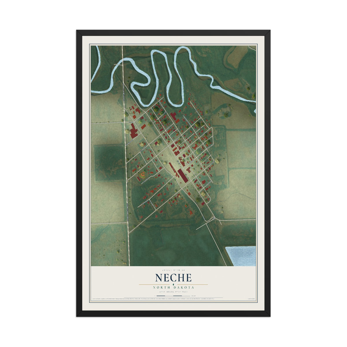 Map of Neche, North Dakota, 12 x 18 inch print in a black wood frame