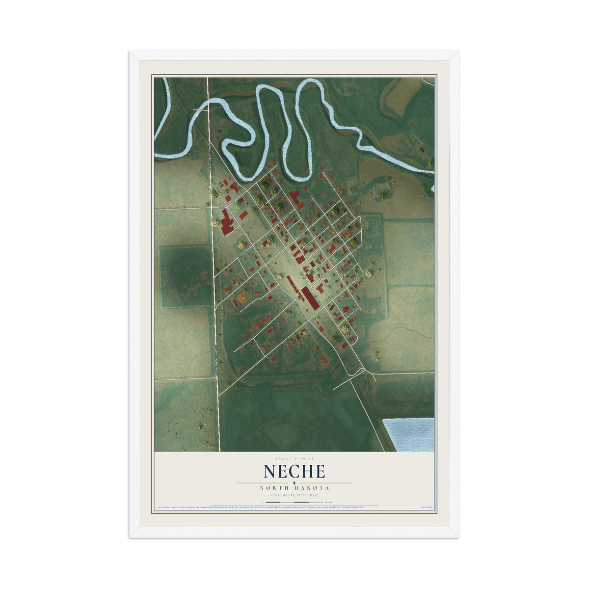 Map of Neche, North Dakota, 12 x 18 inch print in a white wood frame