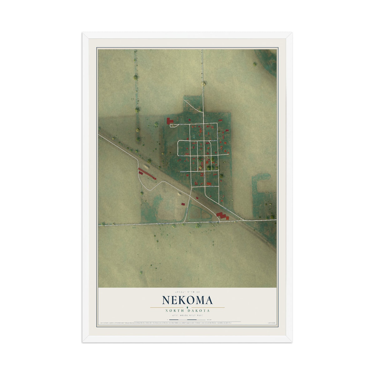 Map of Nekoma, North Dakota, 12 x 18 inch print in a white wood frame