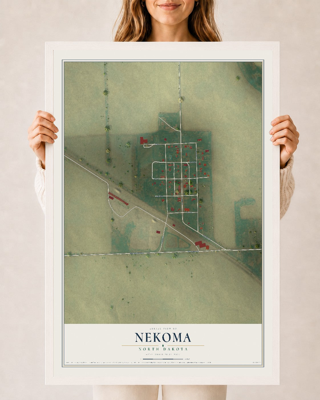 Map of Nekoma, North Dakota, 24 x 36 inch print in a white wood frame