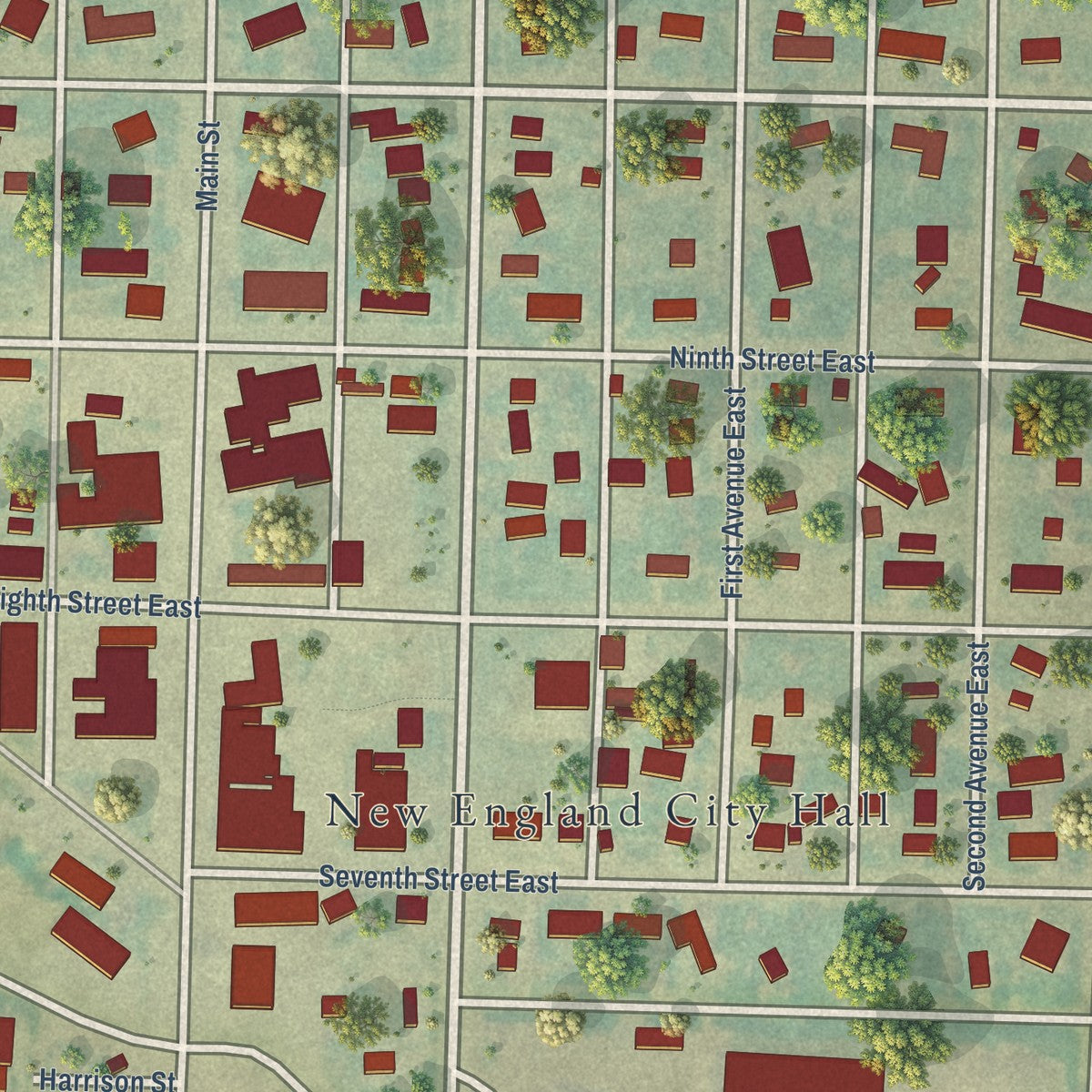 Close-up of the map of New England, North Dakota print showing street and building detail