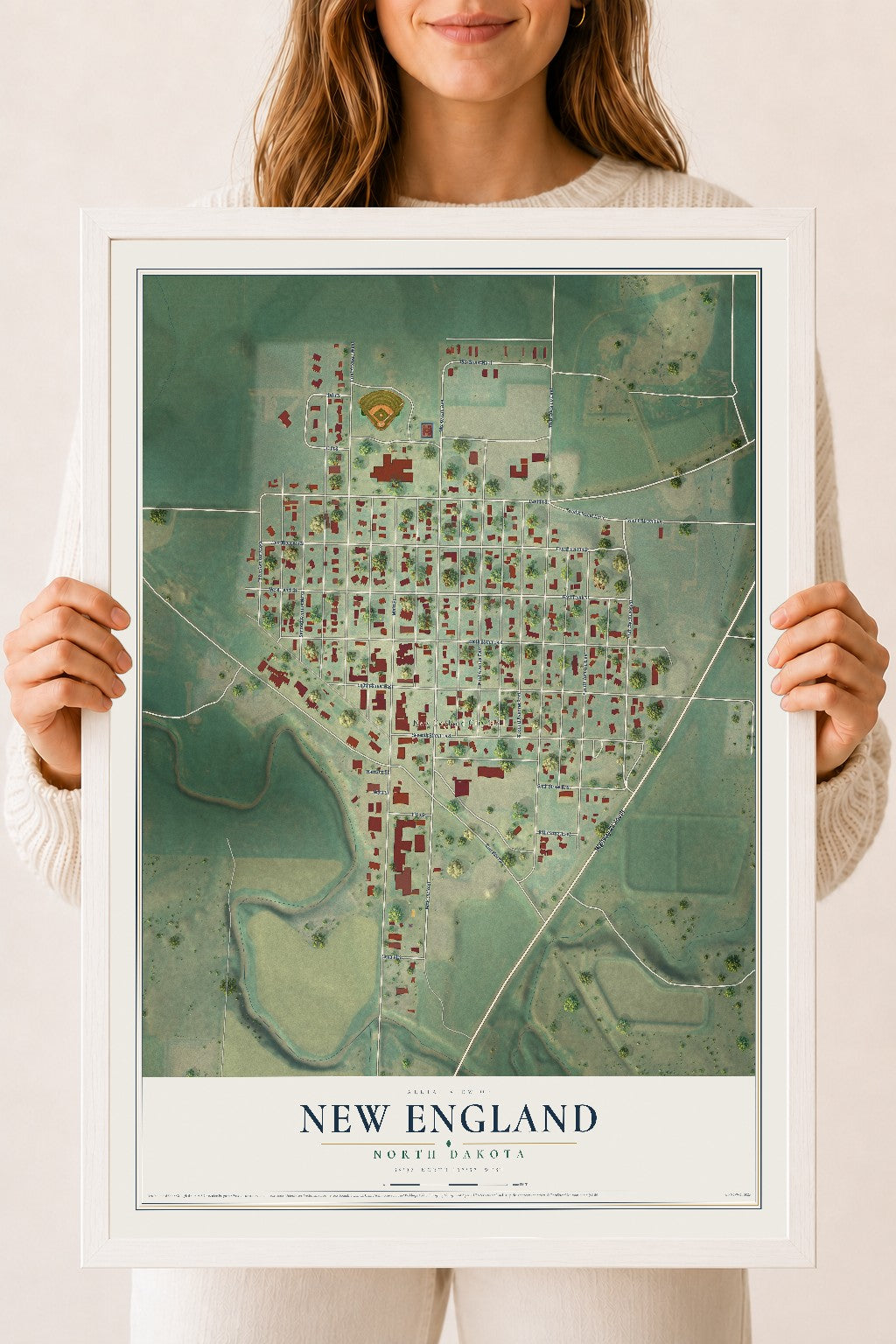 Map of New England, North Dakota, 18 x 24 inch print in a white wood frame