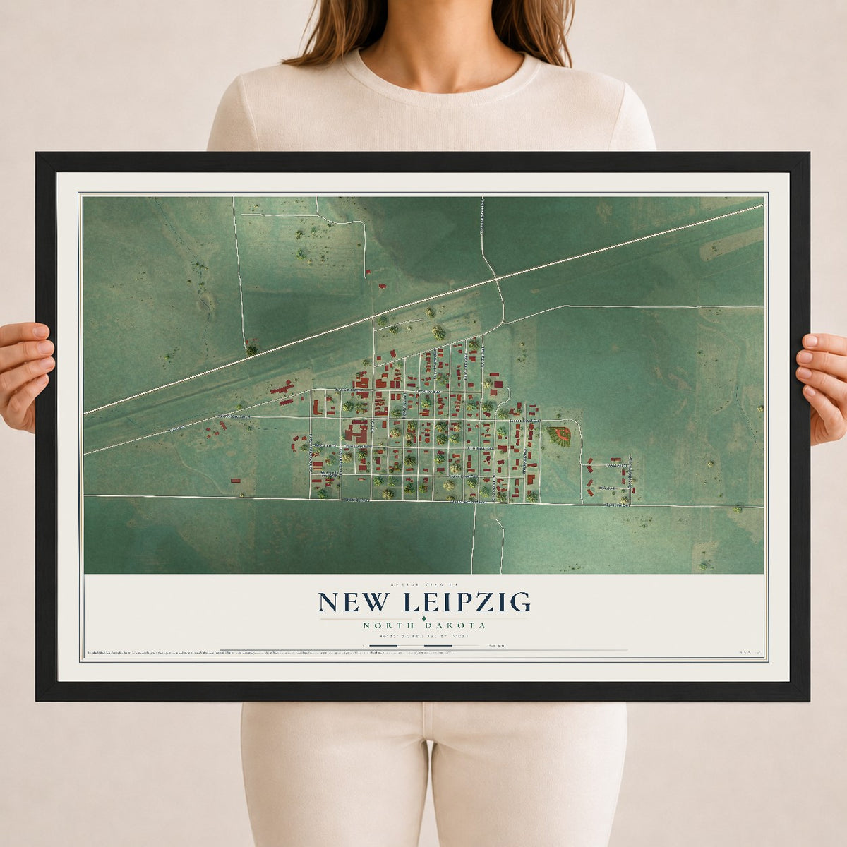 Map of New Leipzig, North Dakota, 18 x 24 inch print in a black wood frame