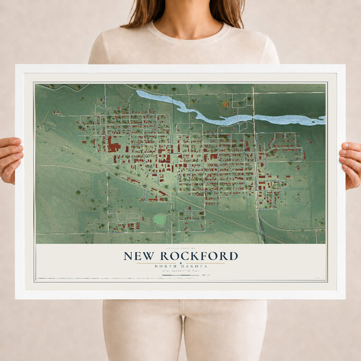 Map of New Rockford, North Dakota, 18 x 24 inch print in a white wood frame
