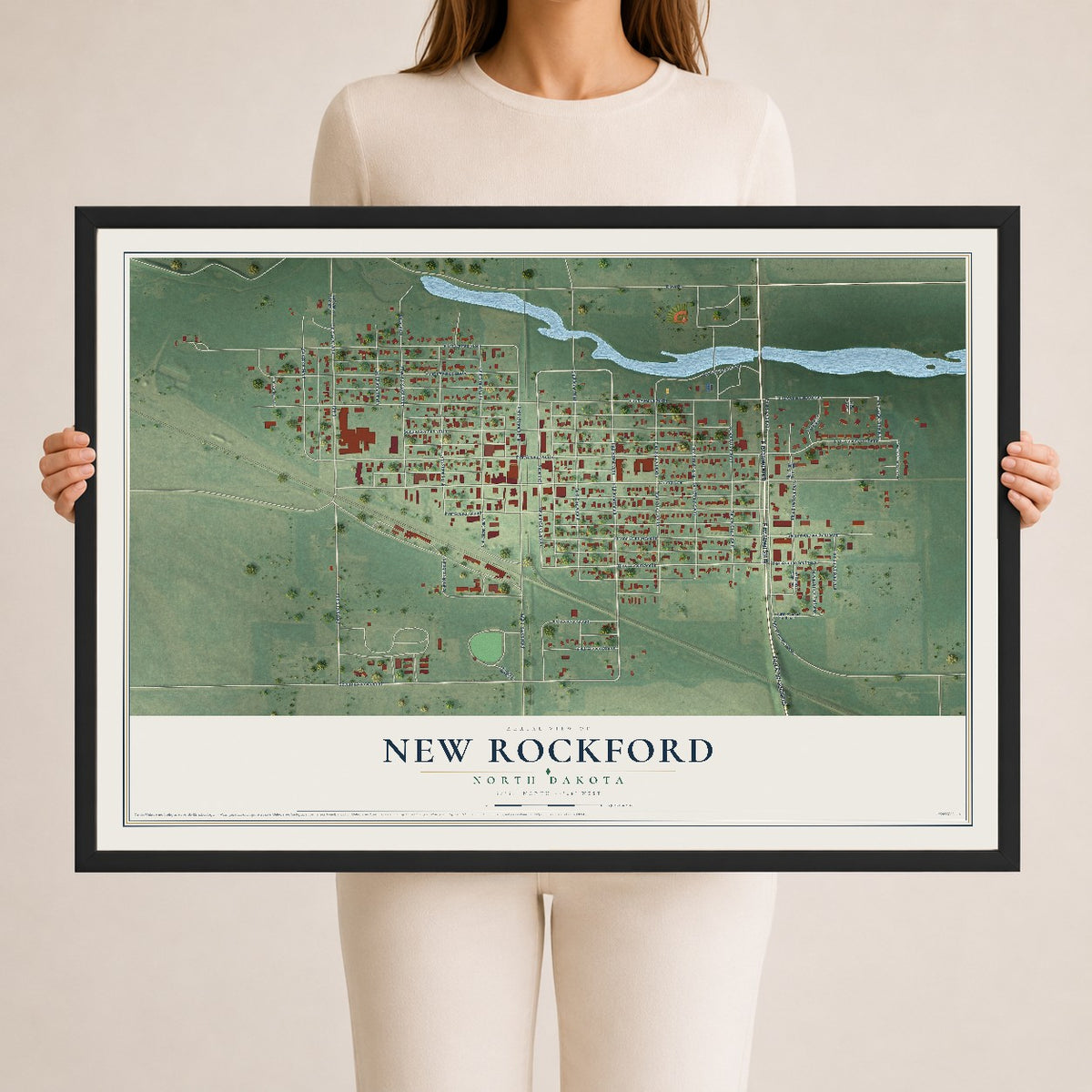 Map of New Rockford, North Dakota, 24 x 36 inch print in a black wood frame