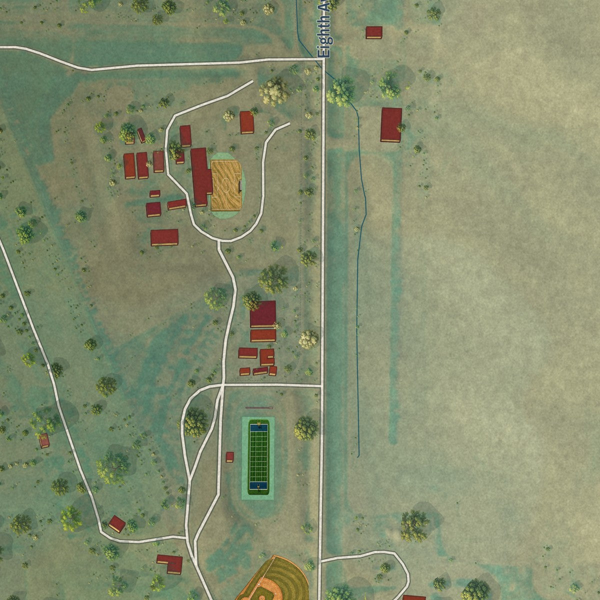 Second close-up of the map of New Salem, North Dakota print showing more streets and buildings